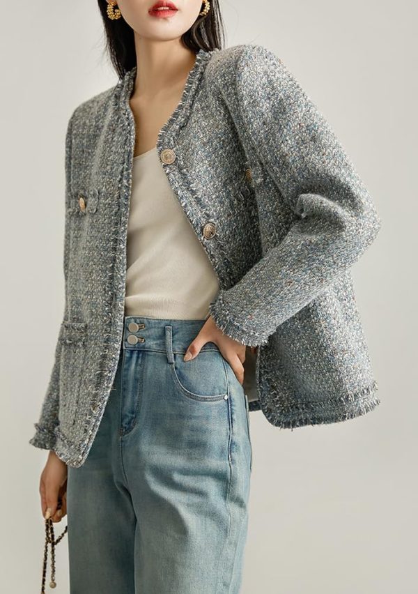 Women's Elegant Houndstooth Tweed Jacket Button Down Fringed Tassel Blazer Jacket Coat