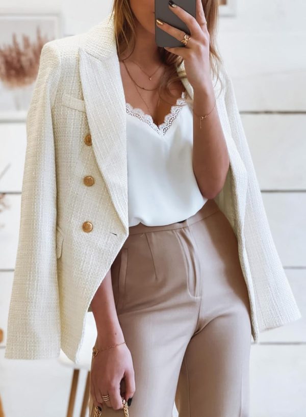 Womens Tweed Blazers Casual Long Sve Double Breasted Open Front Blazer Jackets Work Suits